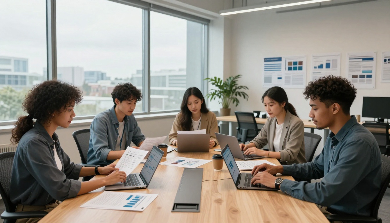Diverse AI research team reviewing model outputs at conference table Diverse AI research team reviewing model outputs at conference table