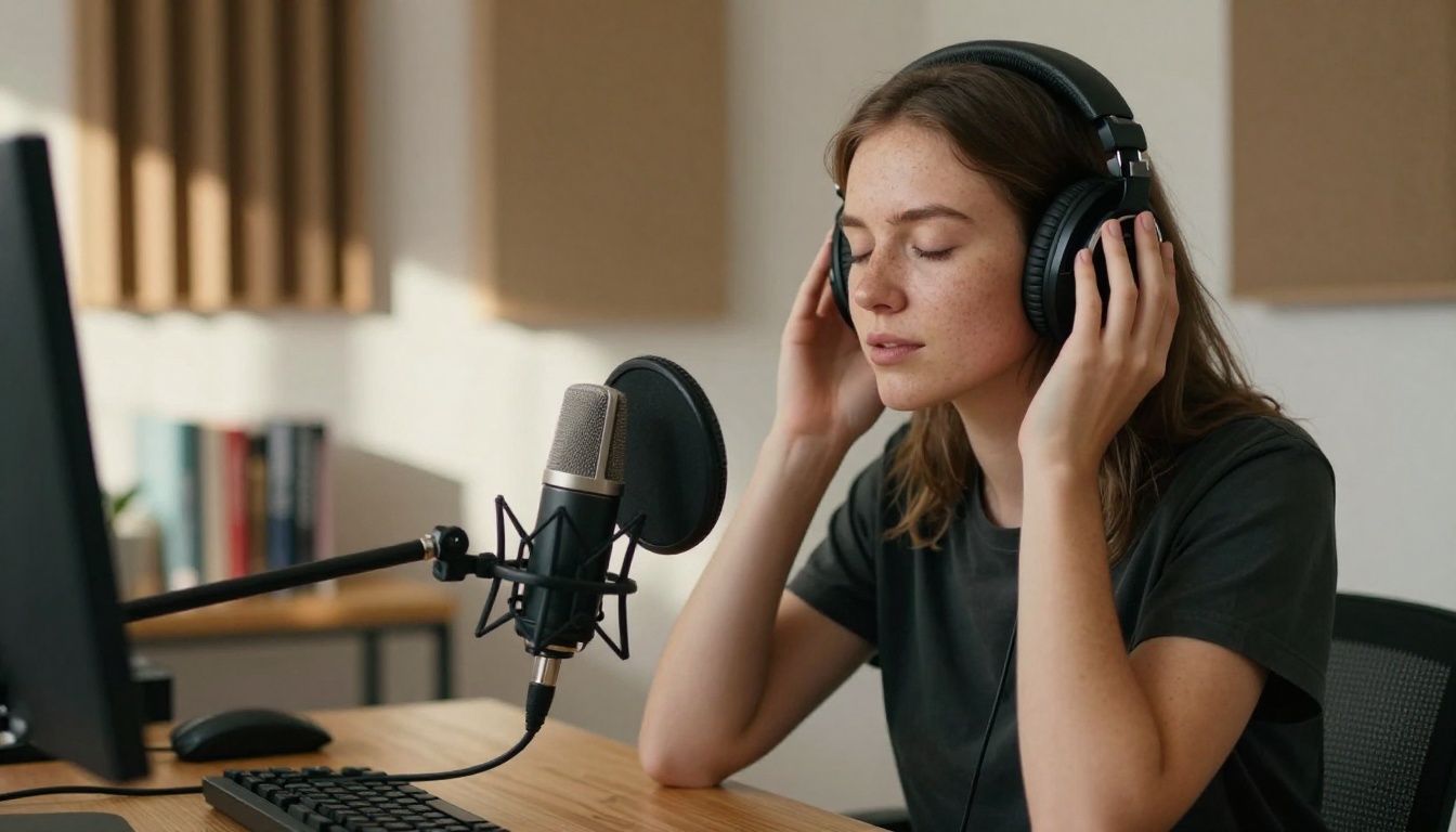 A young woman content creator wearing studio headphones, listening in focused concentration A young woman content creator wearing studio headphones, listening in focused concentration