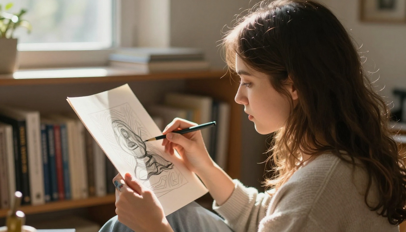A young illustrator holding a printed illustration up to a window backlight, examining line details