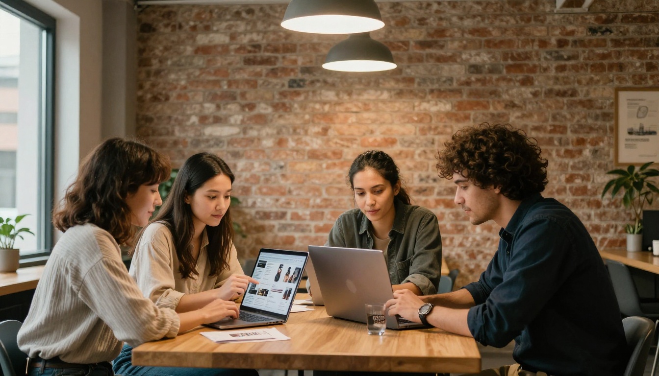 Small business team reviewing product listing images together in a bright coworking space Small business team reviewing product listing images together in a bright coworking space