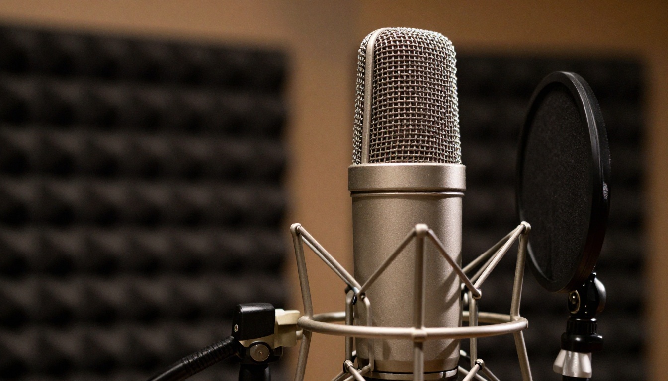 A professional large-diaphragm condenser microphone in a treated recording booth A professional large-diaphragm condenser microphone in a treated recording booth
