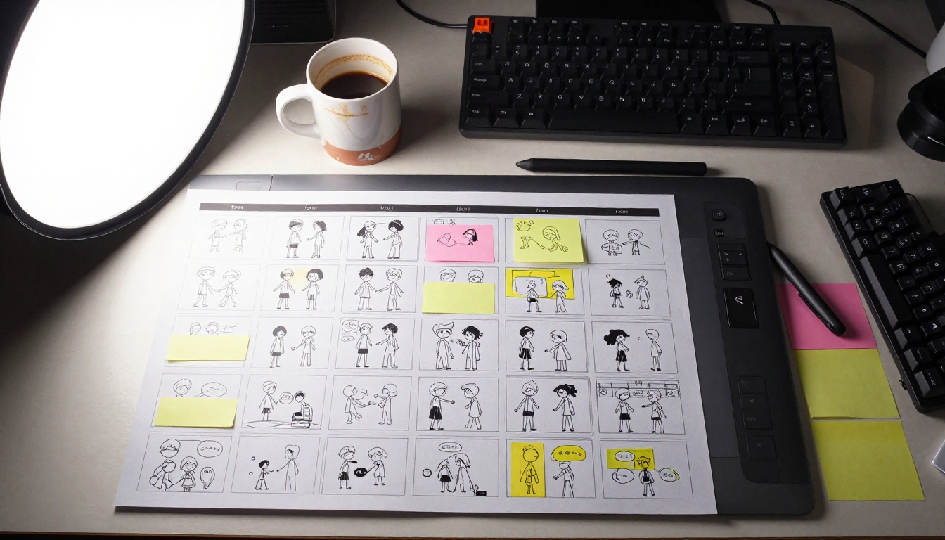 Overhead flat-lay of an animation studio desk with storyboard frames, drawing tablet, and art supplies Overhead flat-lay of an animation studio desk with storyboard frames, drawing tablet, and art supplies