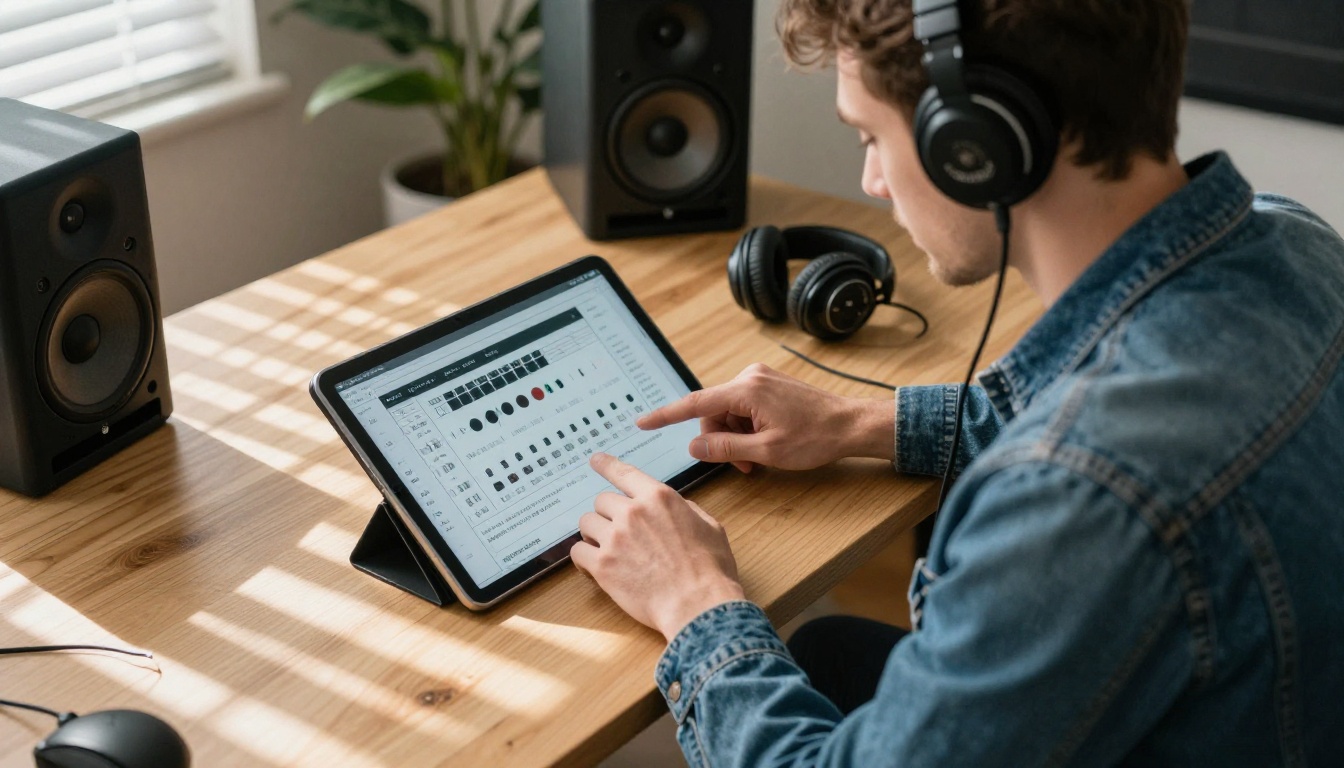 A music producer reviewing AI-generated tracks on a tablet in a modern workspace A music producer reviewing AI-generated tracks on a tablet in a modern workspace