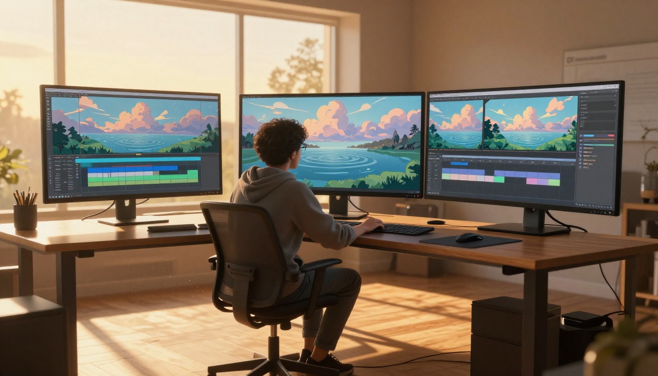A professional animator at an L-shaped standing desk with dual monitors showing animation layers and timeline