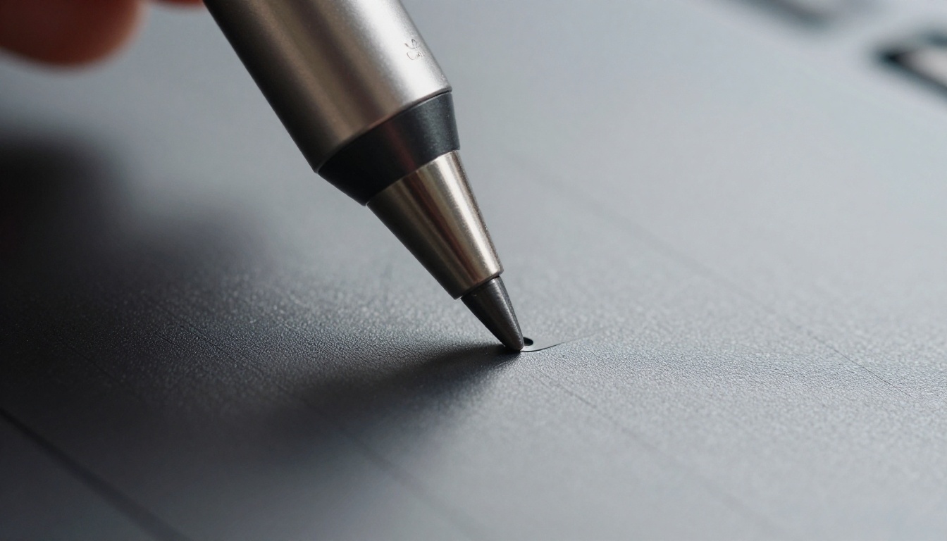Close-up of a stylus tip pressing on a drawing tablet surface with dramatic raking sidelight revealing texture Close-up of a stylus tip pressing on a drawing tablet surface with dramatic raking sidelight revealing texture