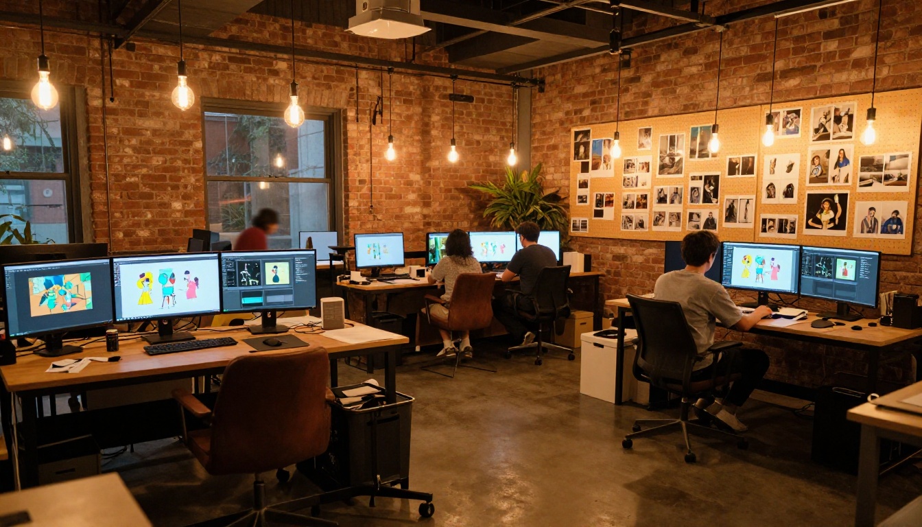A creative animation studio with exposed brick walls and multiple monitors showing illustration projects in various stages