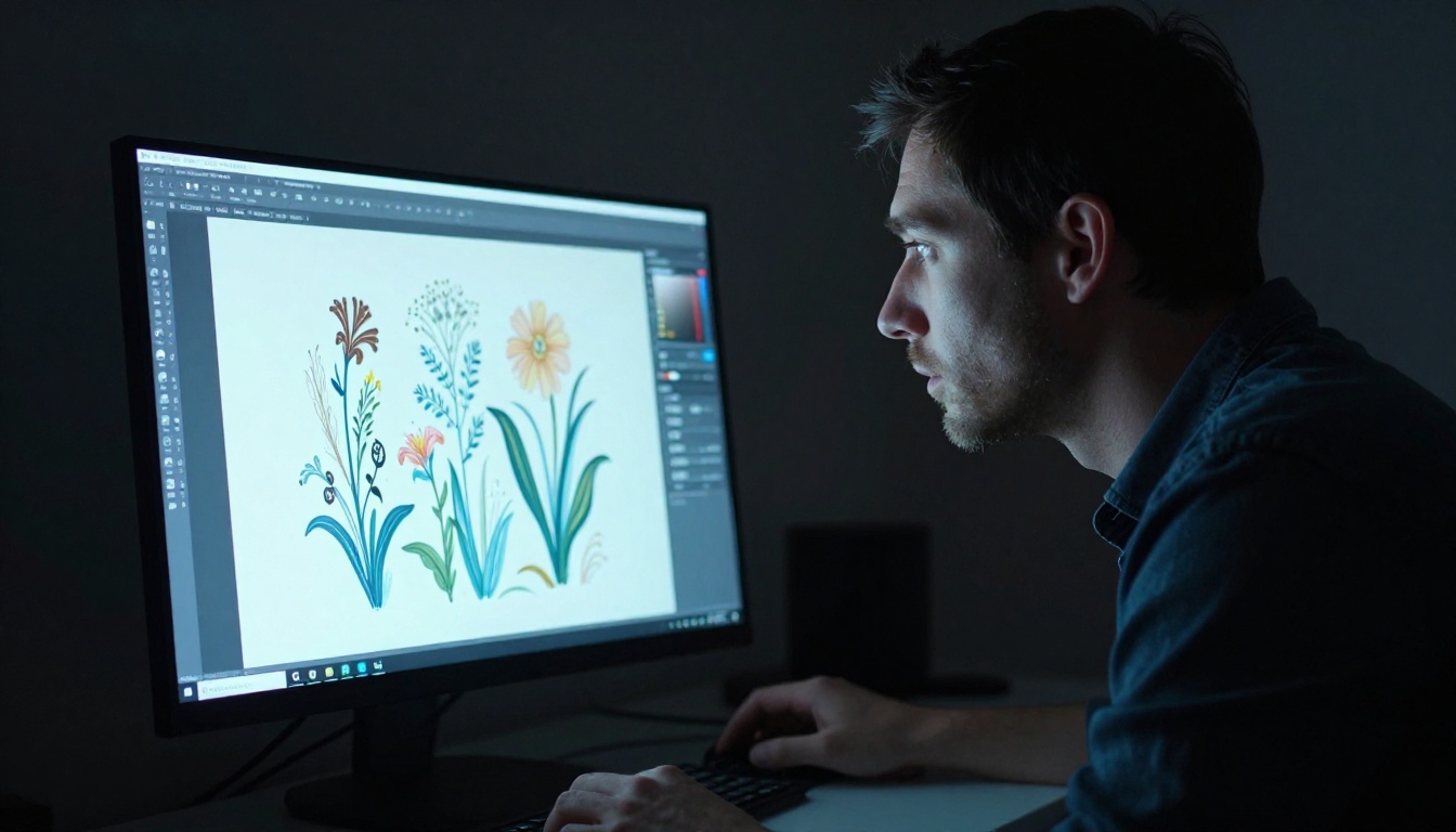 A graphic designer's face illuminated by cool monitor glow showing a botanical illustration animation sequence A graphic designer's face illuminated by cool monitor glow showing a botanical illustration animation sequence