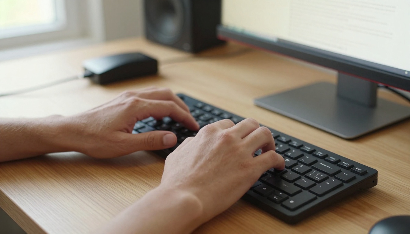 Close-up of hands on a keyboard in a warmly lit home studio Close-up of hands on a keyboard in a warmly lit home studio