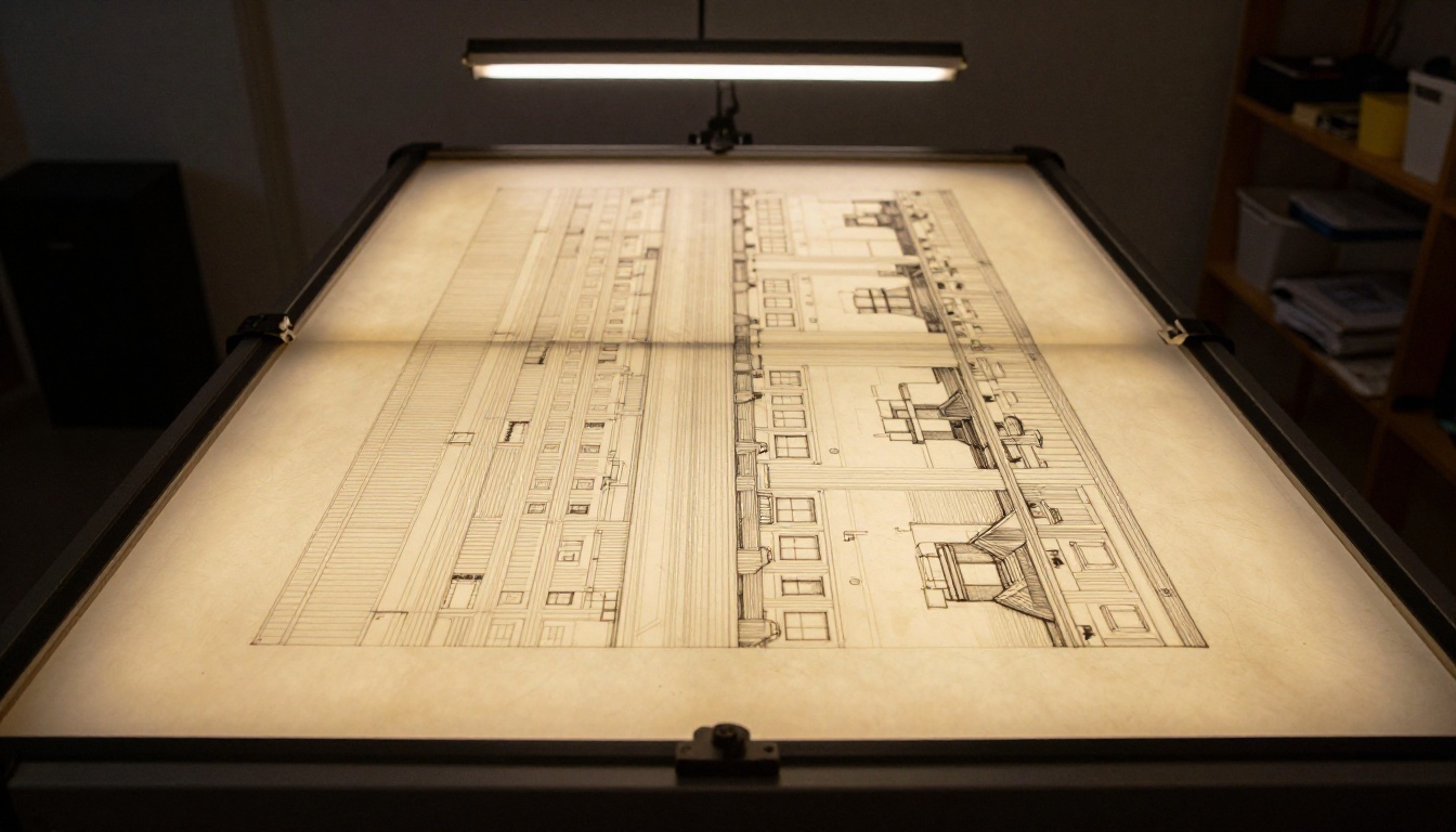 A light-table illuminating a translucent illustration print from behind, revealing pencil underdrawing layers A light-table illuminating a translucent illustration print from behind, revealing pencil underdrawing layers