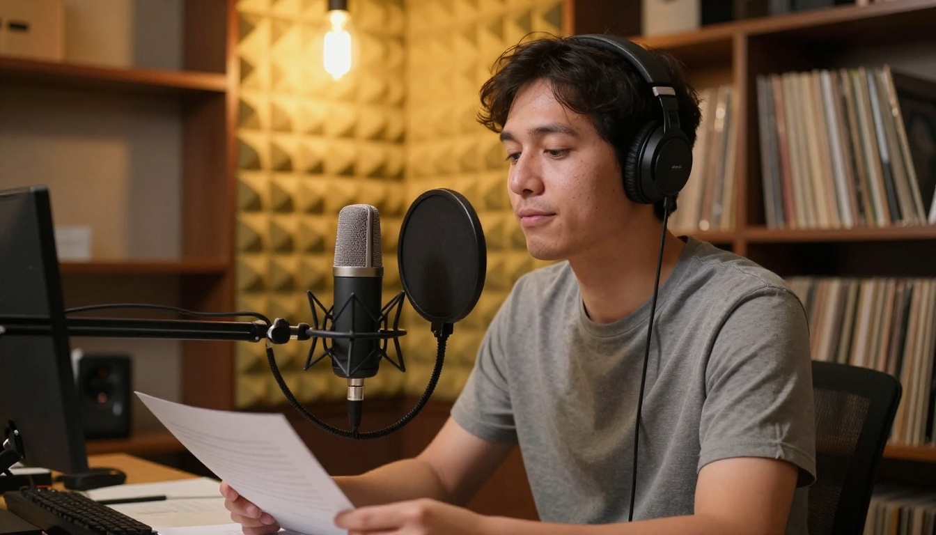 A YouTube creator recording a voiceover in a cozy home studio with acoustic panels A YouTube creator recording a voiceover in a cozy home studio with acoustic panels