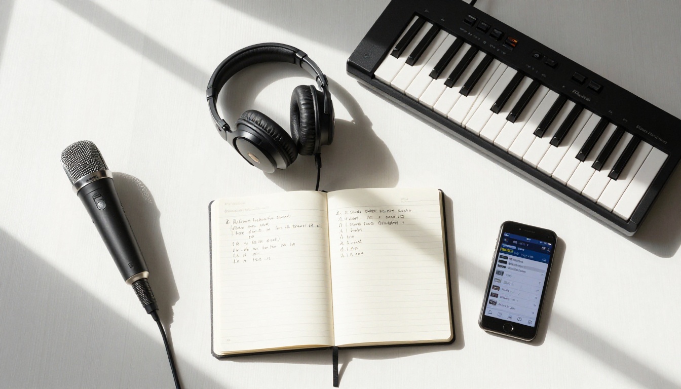 Overhead flat-lay of a professional workspace with microphone, headphones, and MIDI keyboard Overhead flat-lay of a professional workspace with microphone, headphones, and MIDI keyboard