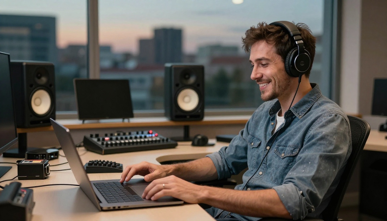 A male content creator smiling at his laptop in a professional studio setup A male content creator smiling at his laptop in a professional studio setup