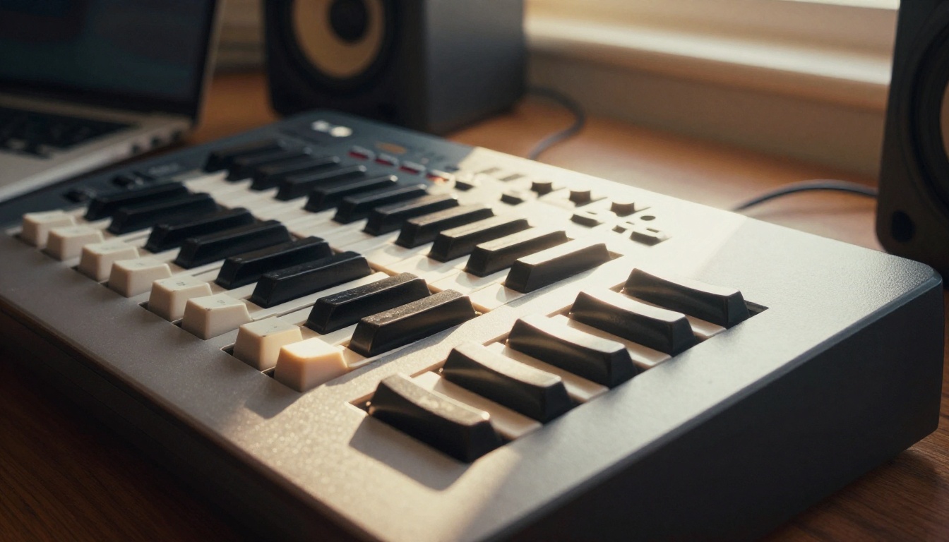 A close-up of a MIDI keyboard controller with studio monitors on a desk A close-up of a MIDI keyboard controller with studio monitors on a desk