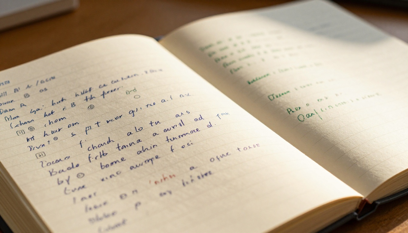Two notebooks side by side with blue and green ink notes, warm afternoon sunlight across pages