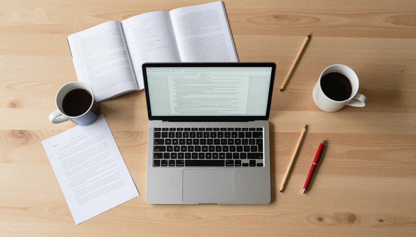 Aerial view of writer's workspace with laptop, manuscript pages, coffee mug and pens on oak desk
