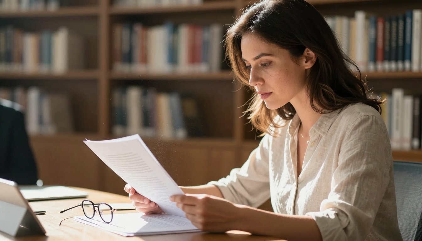 Professional woman reviewing printed text at conference table with daylight from sheer curtains