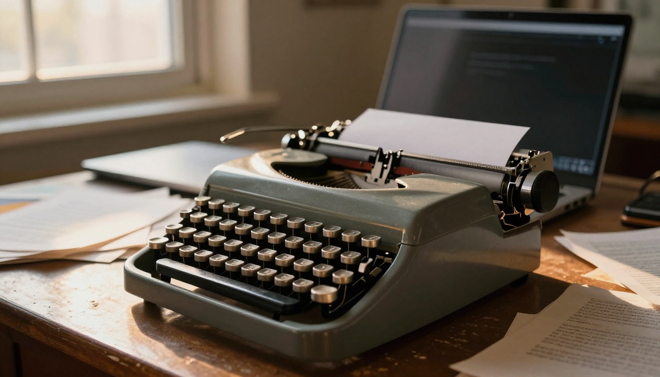 Vintage typewriter in focus with modern laptop blurred behind, golden hour light streaming horizontally