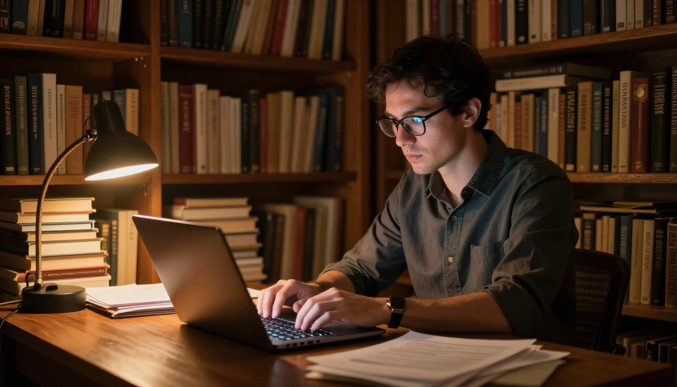 Male writer typing intensely on laptop in dimly lit home library with amber desk lamp