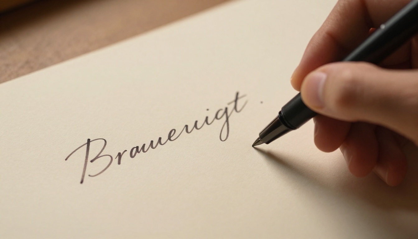 Close-up of hand writing cursive text with fine-tip pen on cream paper, warm directional light Close-up of hand writing cursive text with fine-tip pen on cream paper, warm directional light