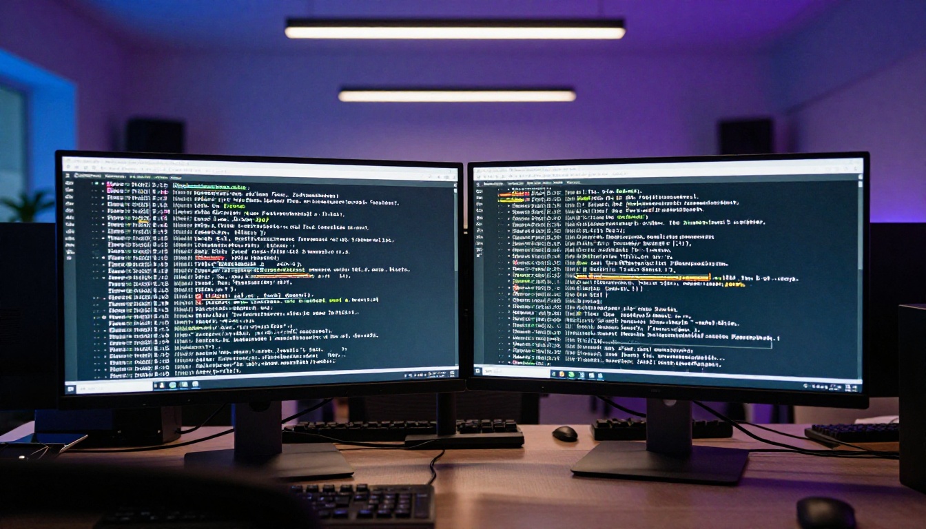 Two monitors side by side showing dense text columns in a modern office at dusk with mixed lighting Two monitors side by side showing dense text columns in a modern office at dusk with mixed lighting