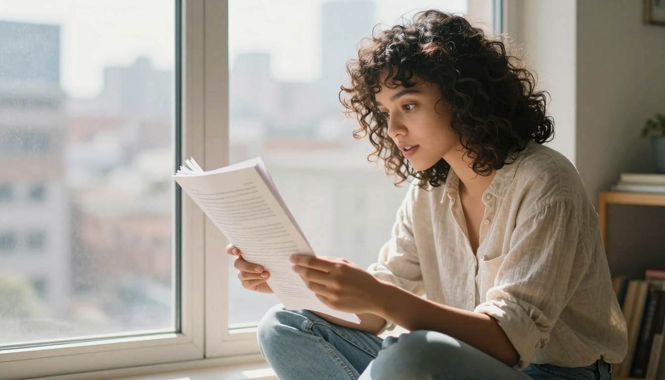 Young woman reading printed AI-generated stories on a bright windowsill with city skyline behind Young woman reading printed AI-generated stories on a bright windowsill with city skyline behind
