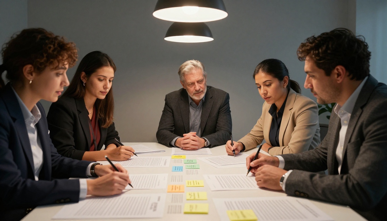 Four-person editorial team reviewing printed documents at a light table with warm overhead pendant lights Four-person editorial team reviewing printed documents at a light table with warm overhead pendant lights