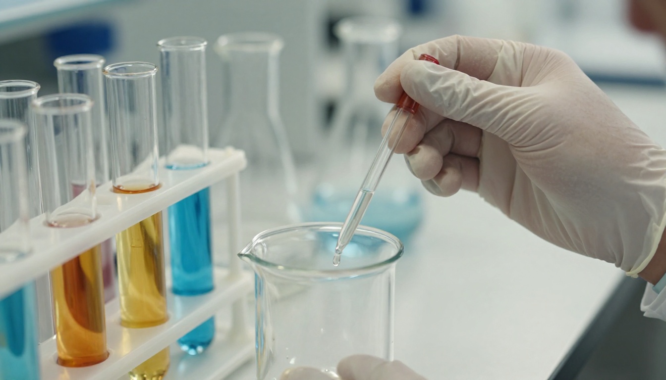 Chemistry lab bench with researcher's gloved hand holding a pipette over colorful liquid experiments