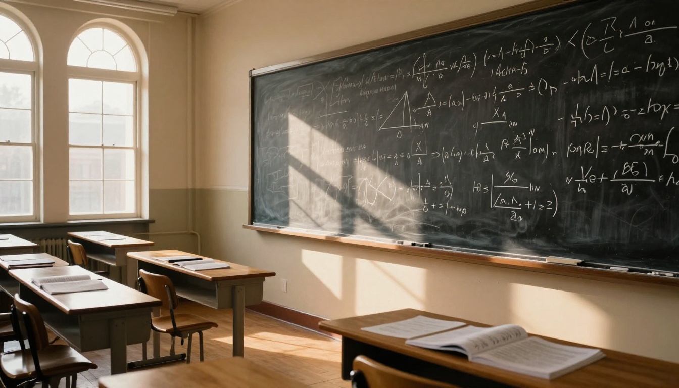 University physics lecture hall with blackboard covered in chalk equations and afternoon golden light