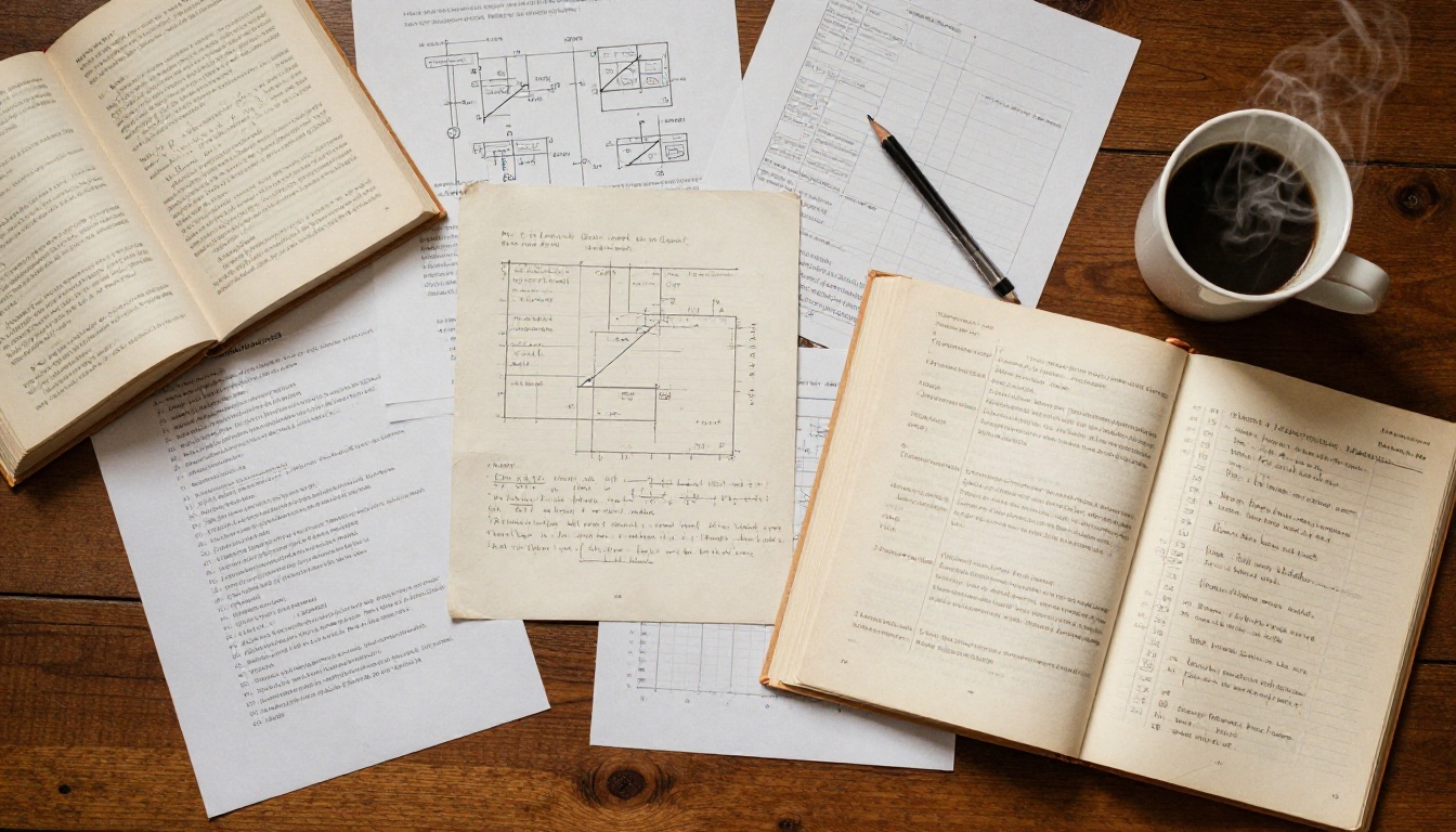 Aerial overhead view of a desk covered in scientific research papers, charts, and handwritten calculation sheets