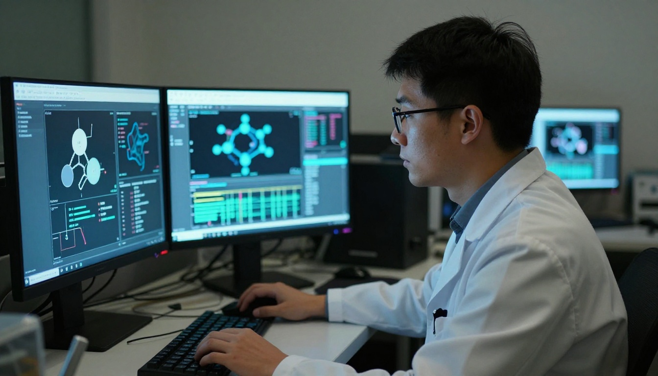 Researcher in white lab coat in front of multiple monitors showing scientific data visualizations and molecular structures