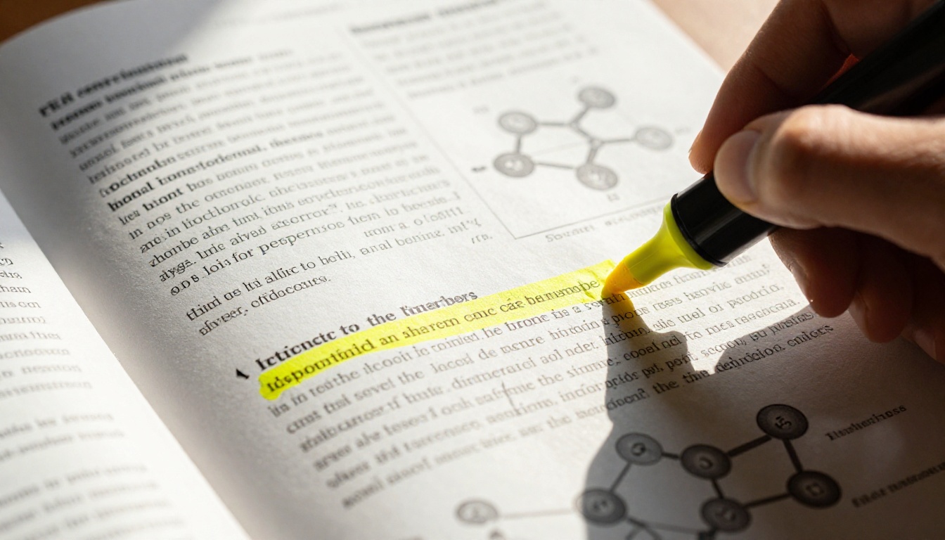 Open scientific journal with highlighter marking research text, warm afternoon sunlight casting shadow across the page