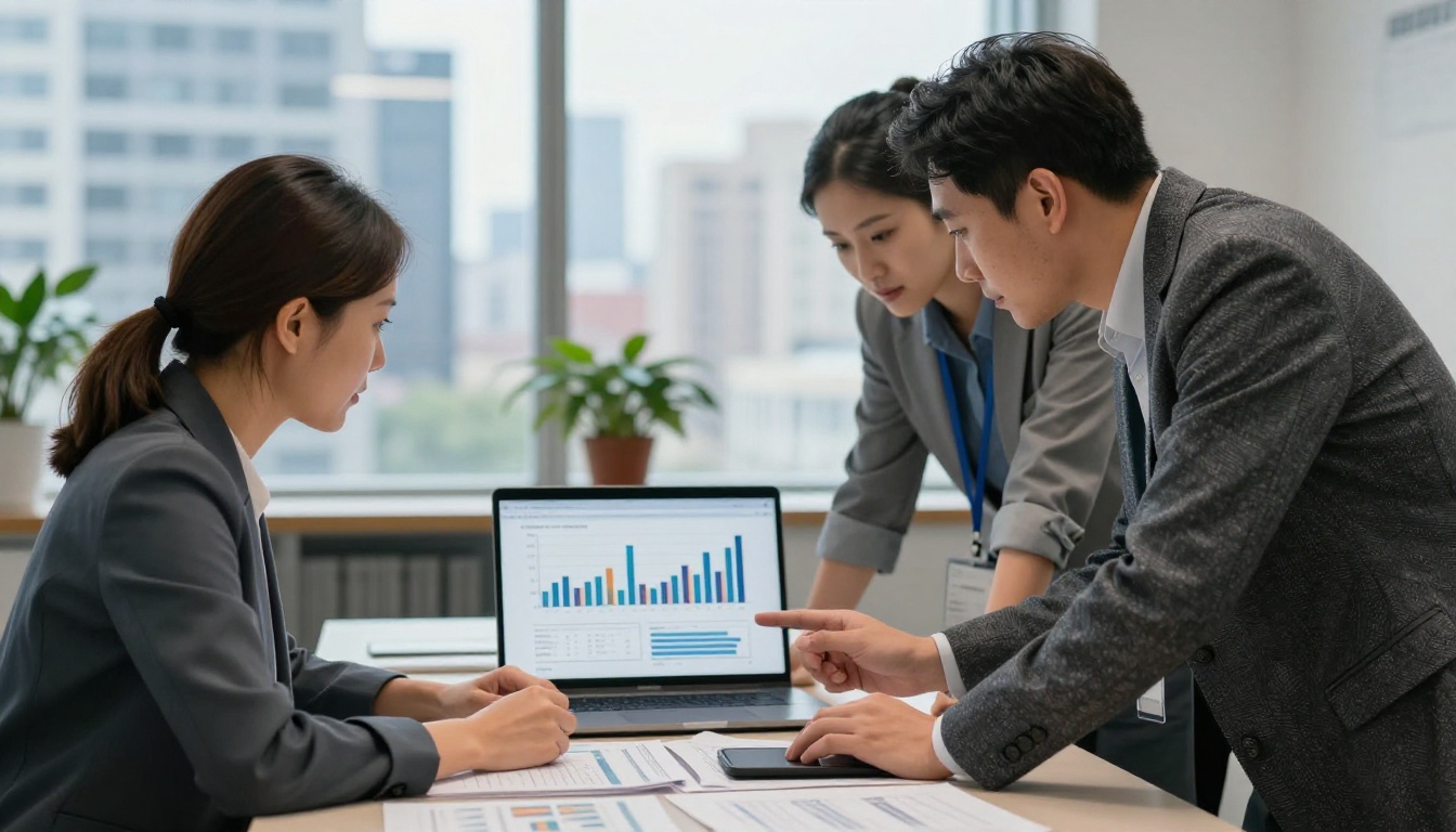 Two researchers collaborating at a conference table, pointing at a laptop screen showing bar charts Two researchers collaborating at a conference table, pointing at a laptop screen showing bar charts