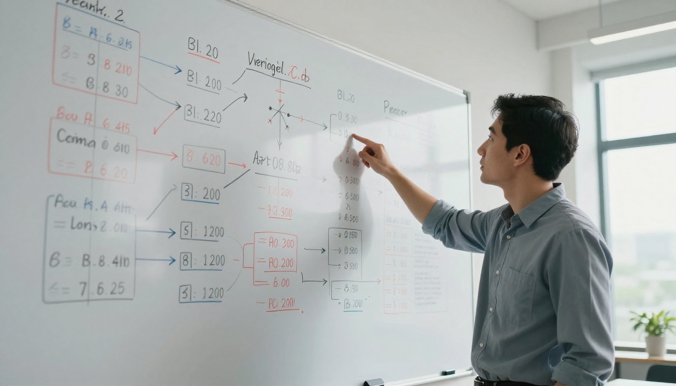 Researcher pointing at a whiteboard covered in benchmark numbers and flowcharts, natural daylight from windows Researcher pointing at a whiteboard covered in benchmark numbers and flowcharts, natural daylight from windows