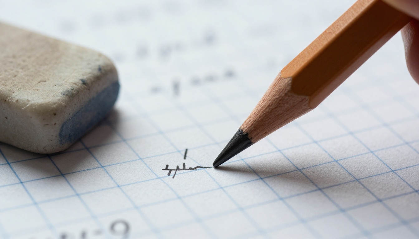 Macro close-up of a hand writing mathematical equations in pencil on graph paper with sharp pencil detail Macro close-up of a hand writing mathematical equations in pencil on graph paper with sharp pencil detail