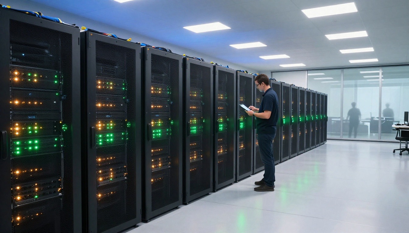 AI research server room with rows of black server racks and a technician examining a tablet in the center aisle AI research server room with rows of black server racks and a technician examining a tablet in the center aisle