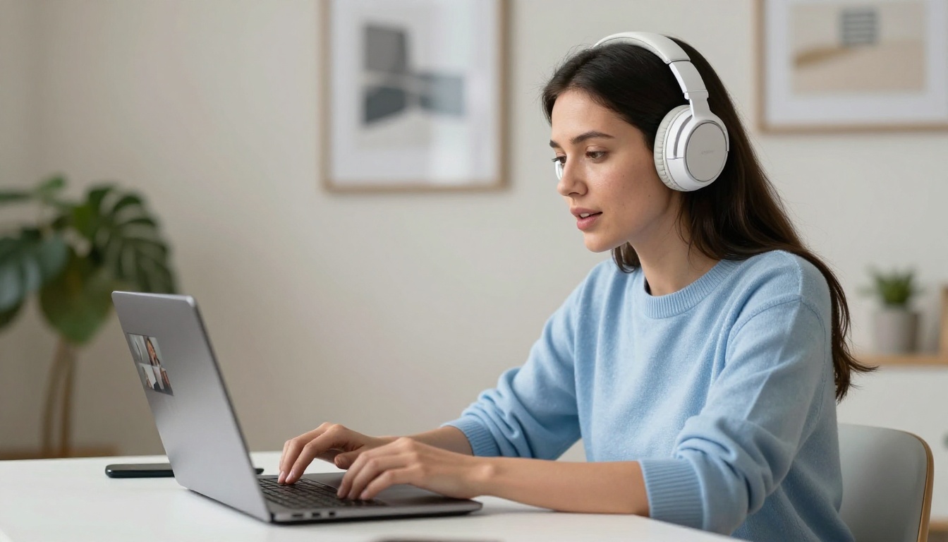 Woman wearing headphones on a video call in a bright home office