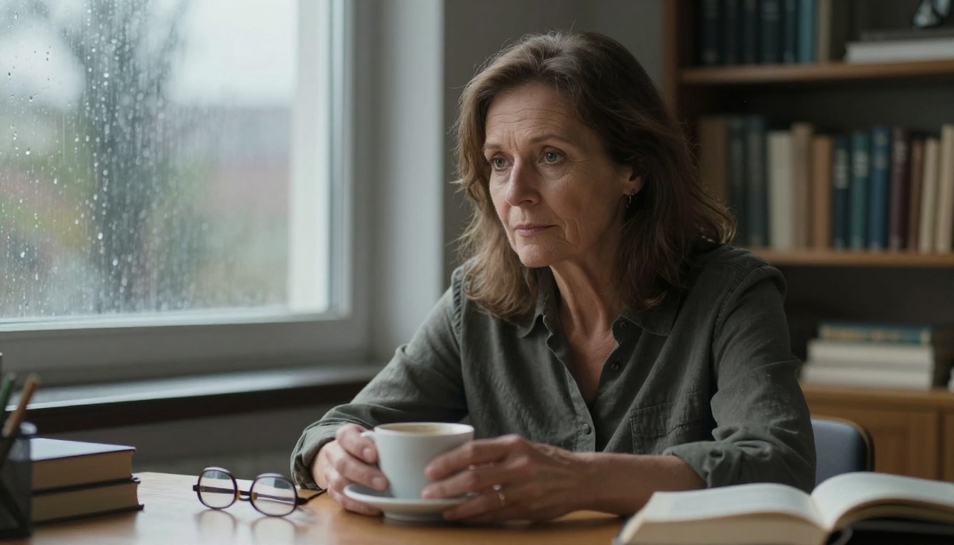 Woman at desk with rain window diffused overcast light
