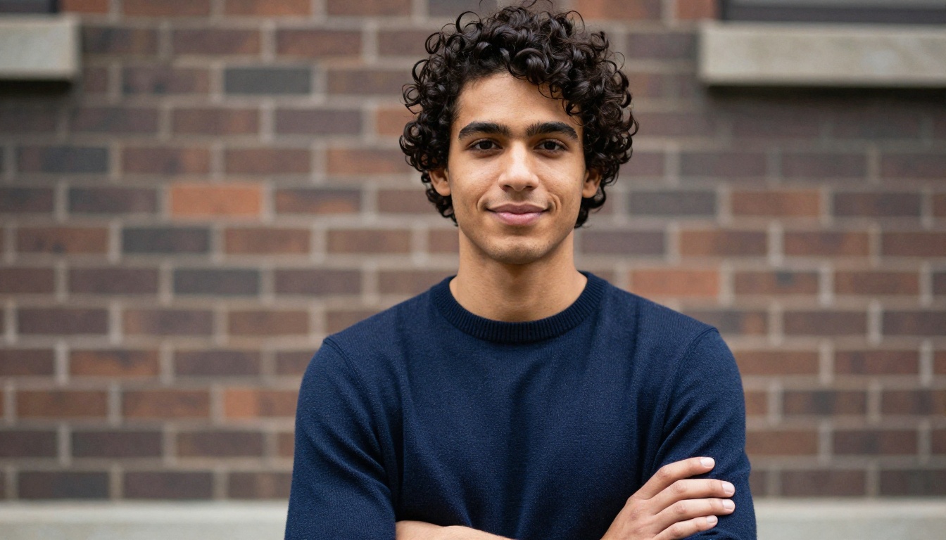 Man with curly dark hair against urban brick wall Man with curly dark hair against urban brick wall