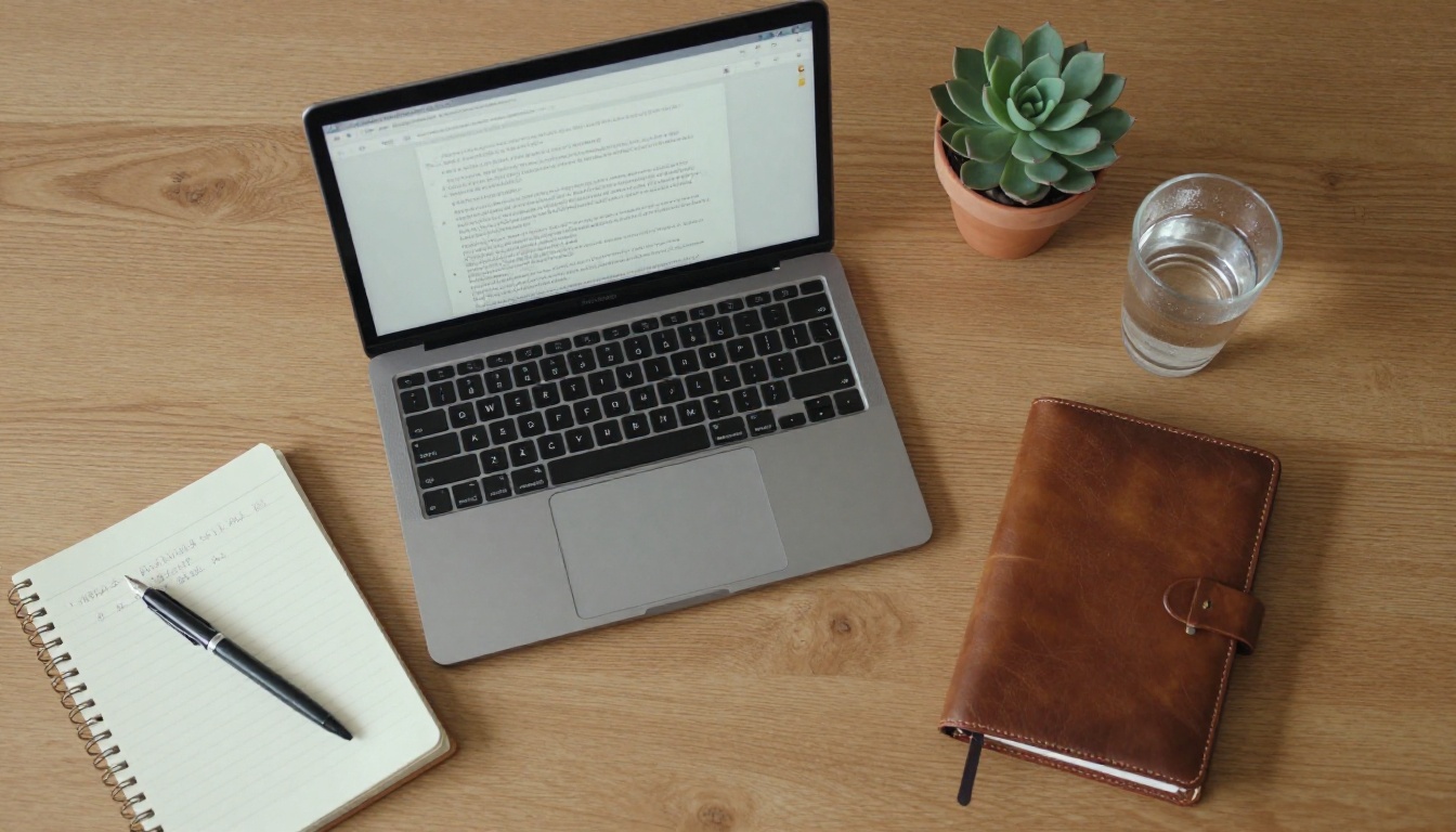 Aerial flat lay of remote work desk with laptop and notebook