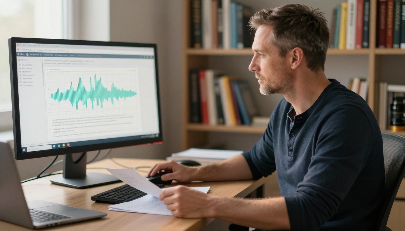 Man at standing desk reviewing speech-to-text transcription interface