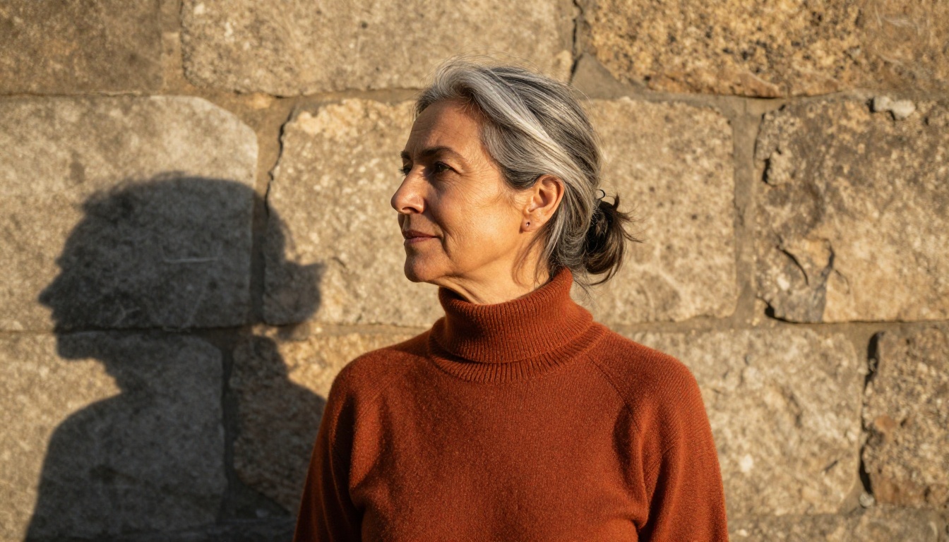 Three-quarter profile woman with silver-streaked hair in golden afternoon light Three-quarter profile woman with silver-streaked hair in golden afternoon light
