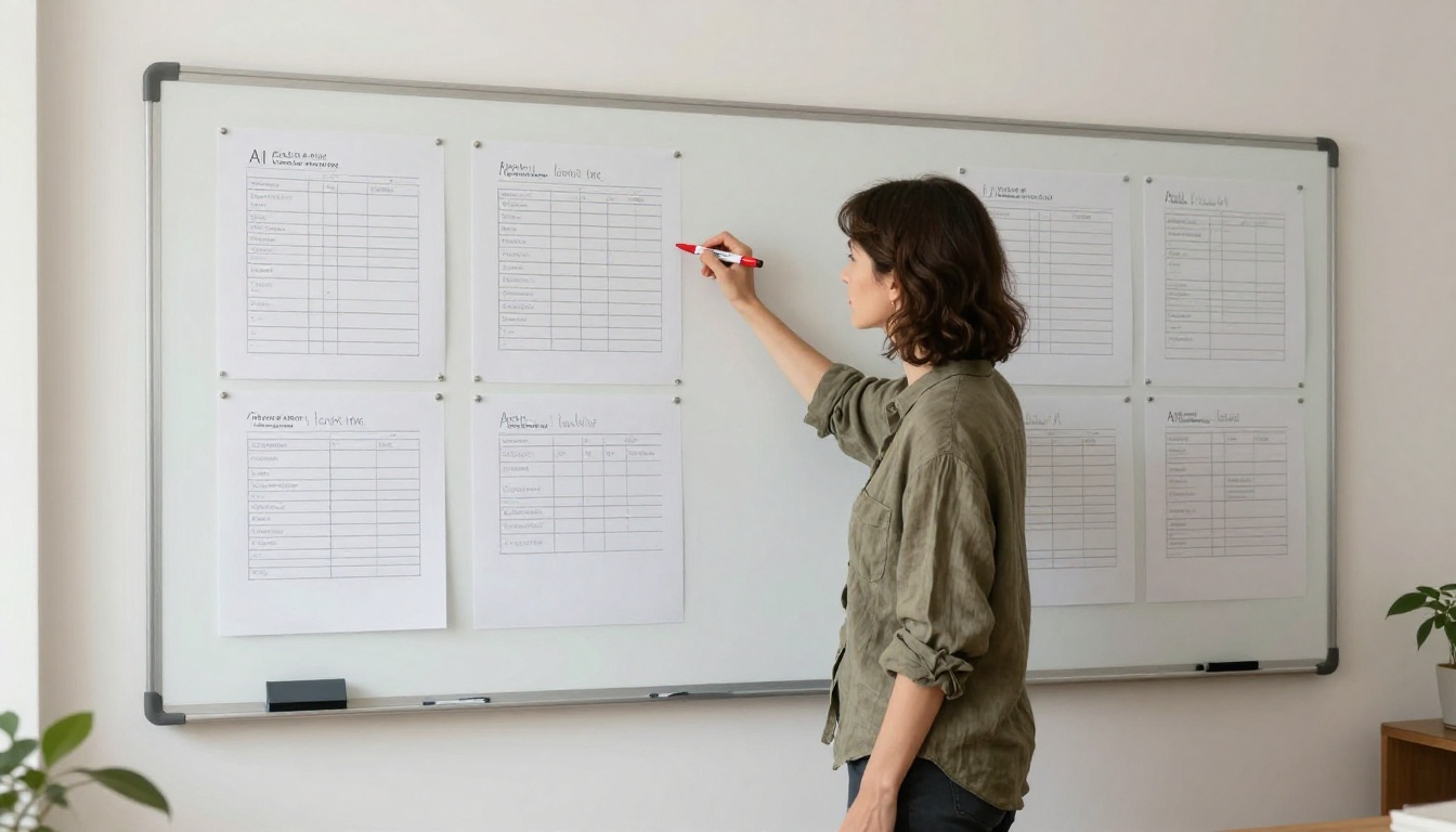 Remote worker reviewing AI planning charts at a whiteboard in a home studio Remote worker reviewing AI planning charts at a whiteboard in a home studio