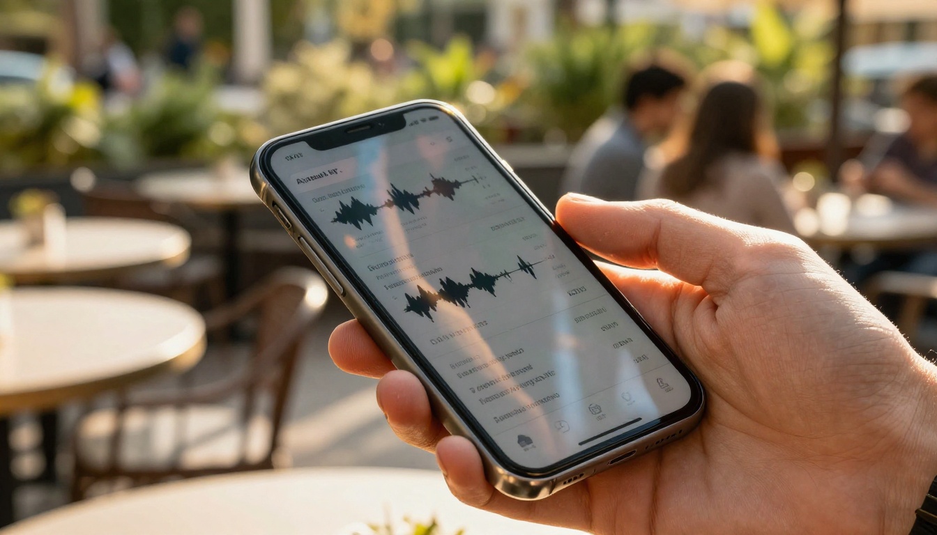 Smartphone showing AI transcription app with audio waveforms outdoors