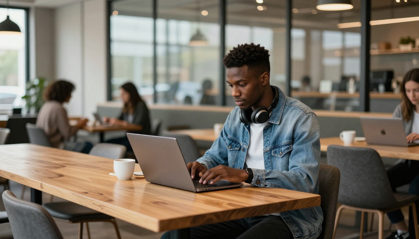 Young remote worker at co-working café with laptop and headphones Young remote worker at co-working café with laptop and headphones