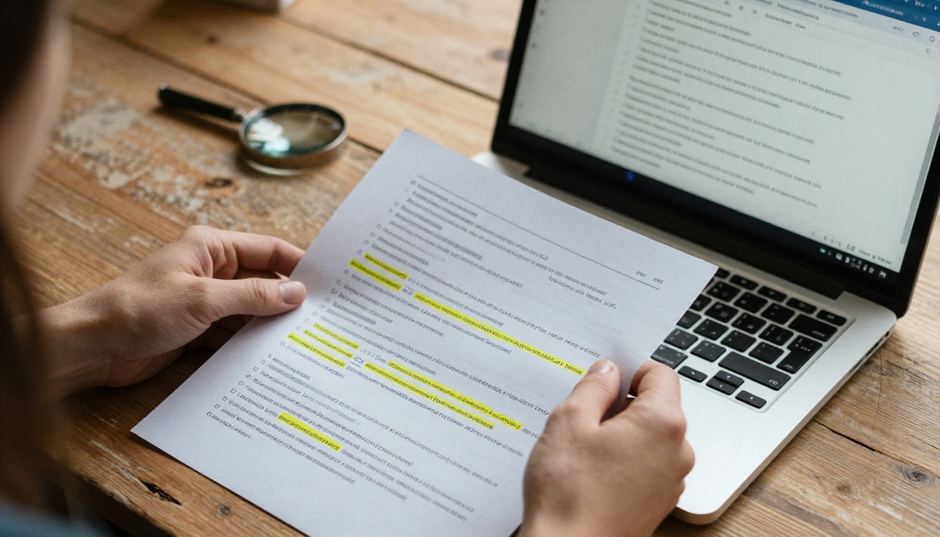 Hands holding printed AI comparison document beside open laptop with LLM chat Hands holding printed AI comparison document beside open laptop with LLM chat