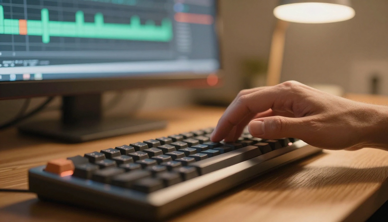 Close-up of hands typing song lyrics on a mechanical keyboard with audio waveform interface visible in background