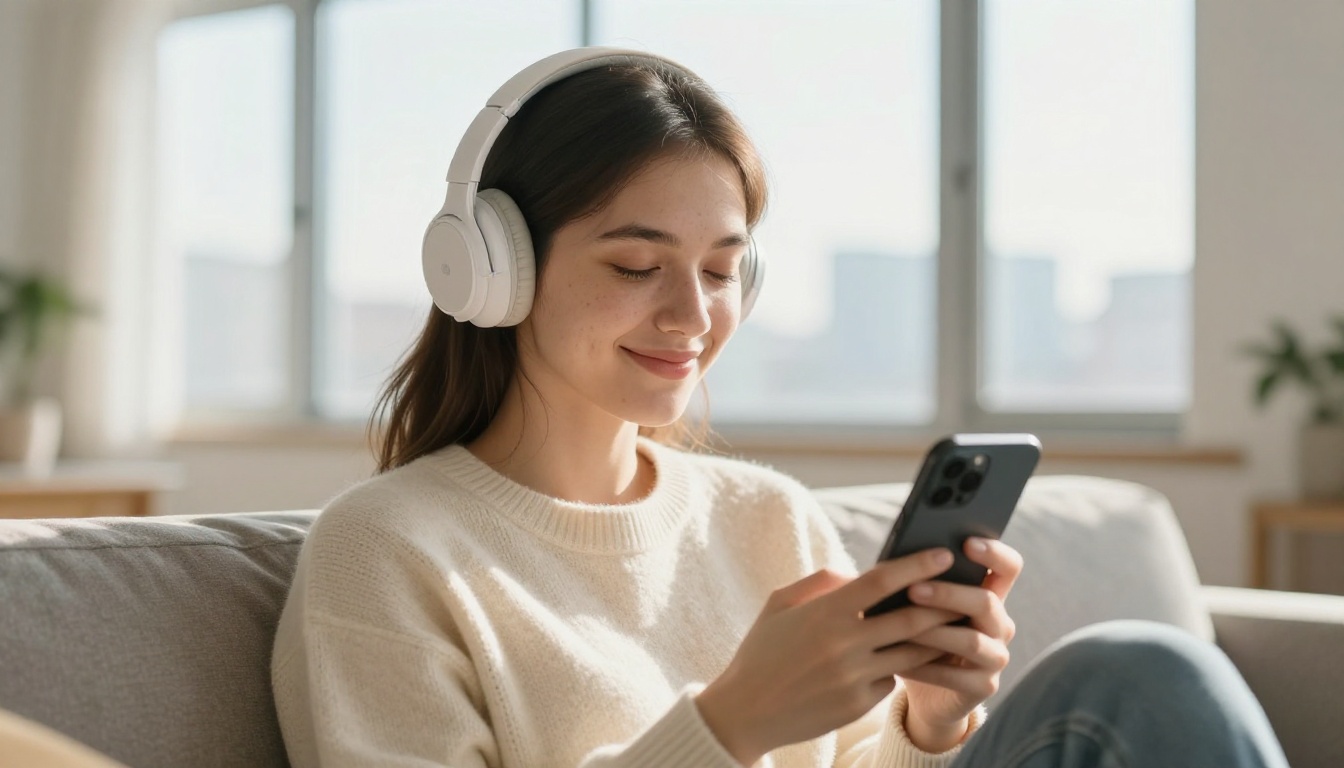 Young woman with white over-ear headphones sitting on a sofa enjoying music with morning light behind her