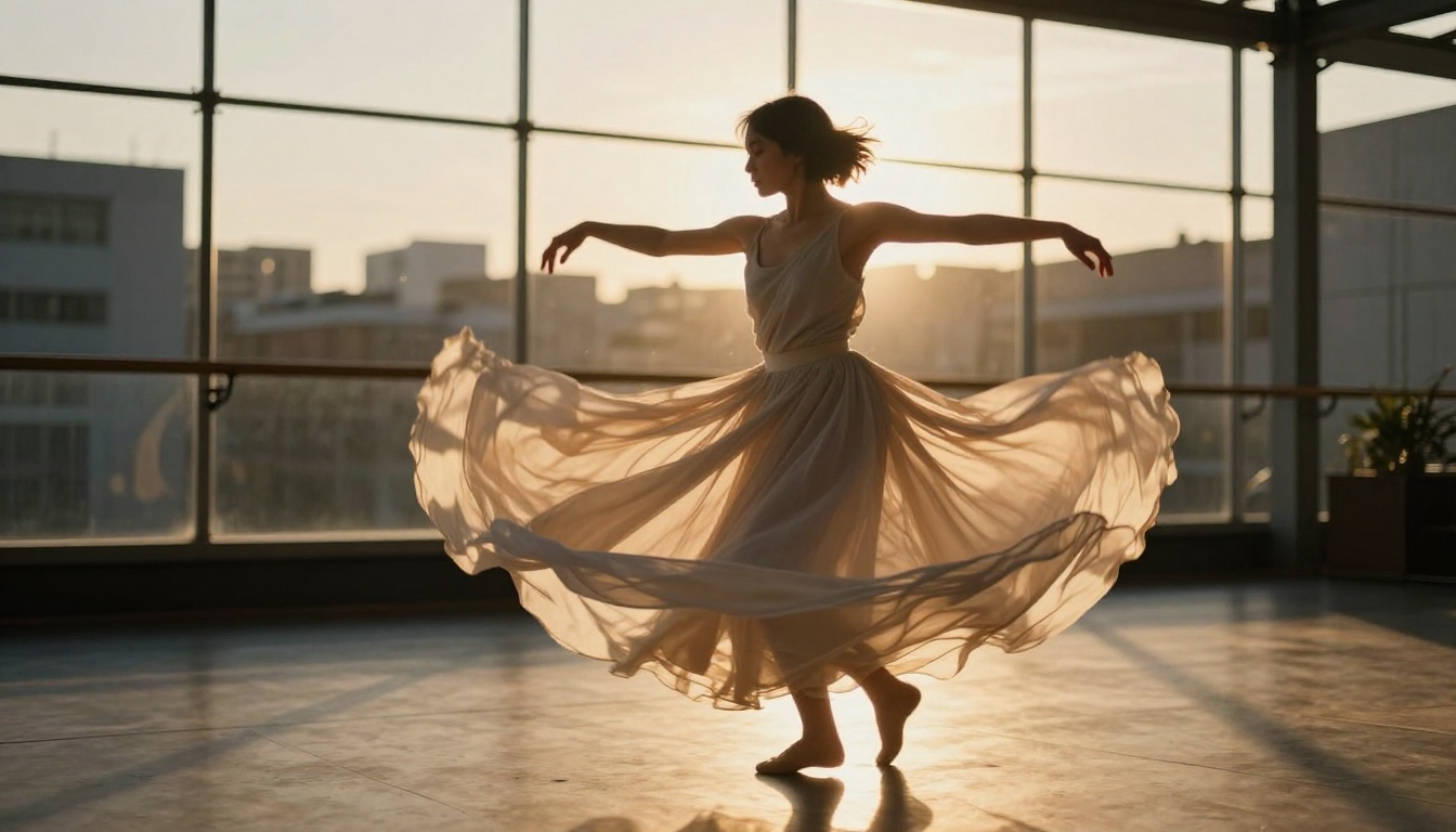 Dancer captured mid-spin at golden hour showing motion in action