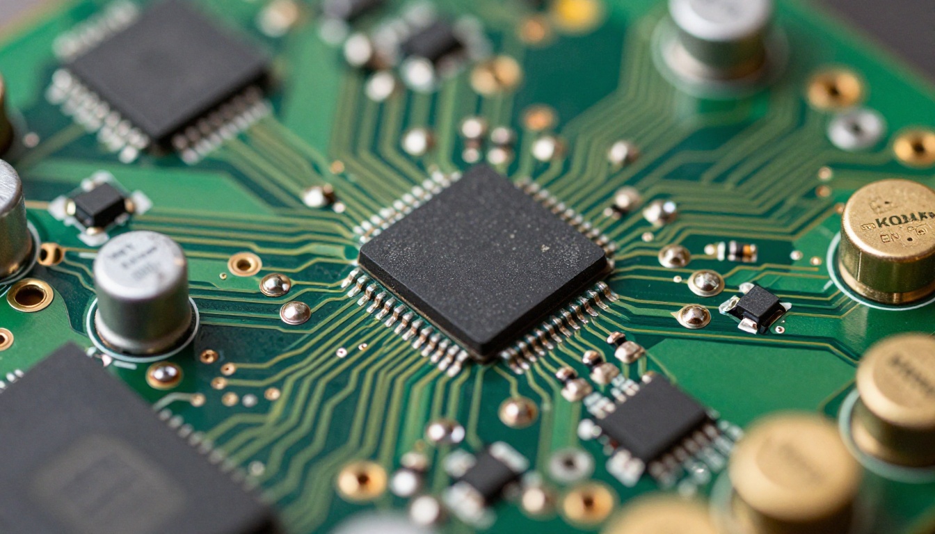 Hyper-detailed GPU circuit board close-up macro shot