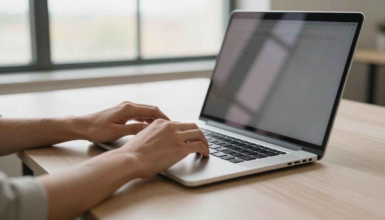Person typing on a laptop in a minimalist workspace Person typing on a laptop in a minimalist workspace